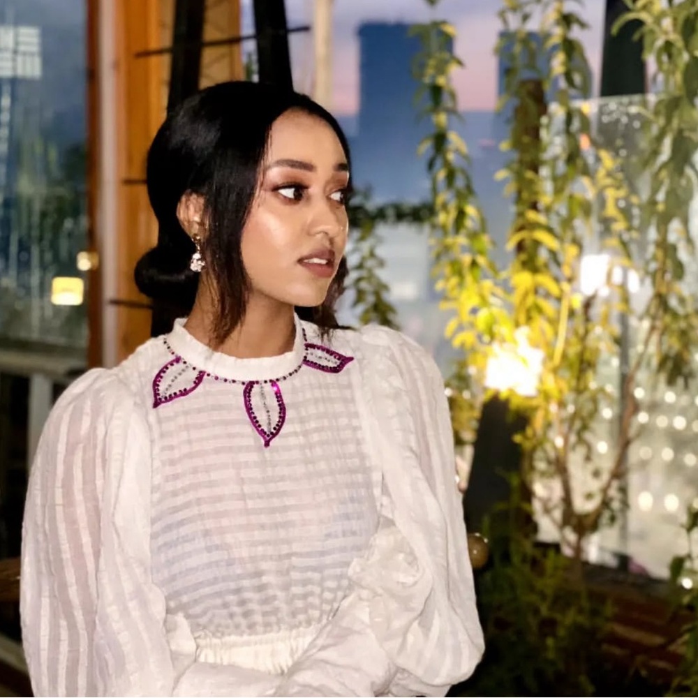 White Ruffled Blouse with Puff Sleeves habesha Dress  purple embroidery.